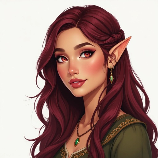 Female elf with tan skin and maroon hair and maroon eyes 