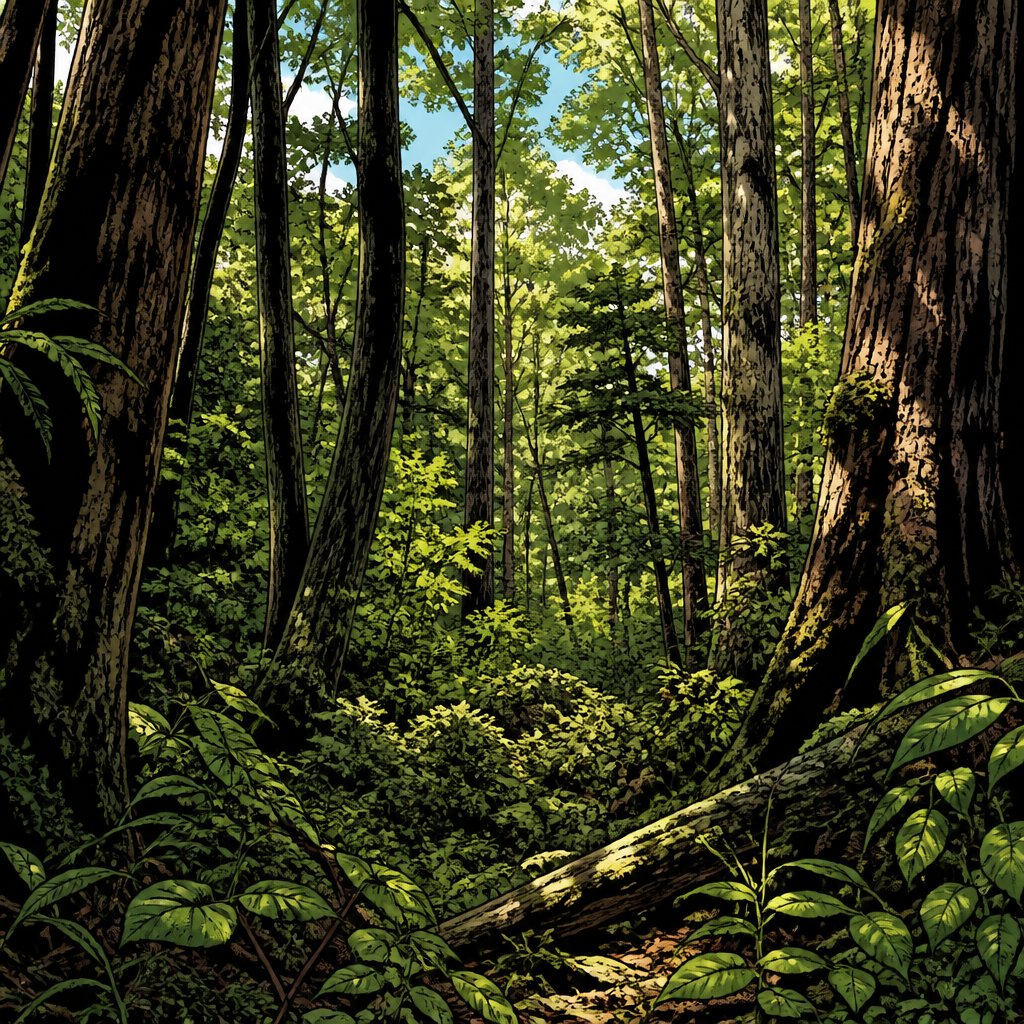 Highly realistic, vivid colours no people no speech bubbles a very dense forest mid afternoon. We see it from within the forest.