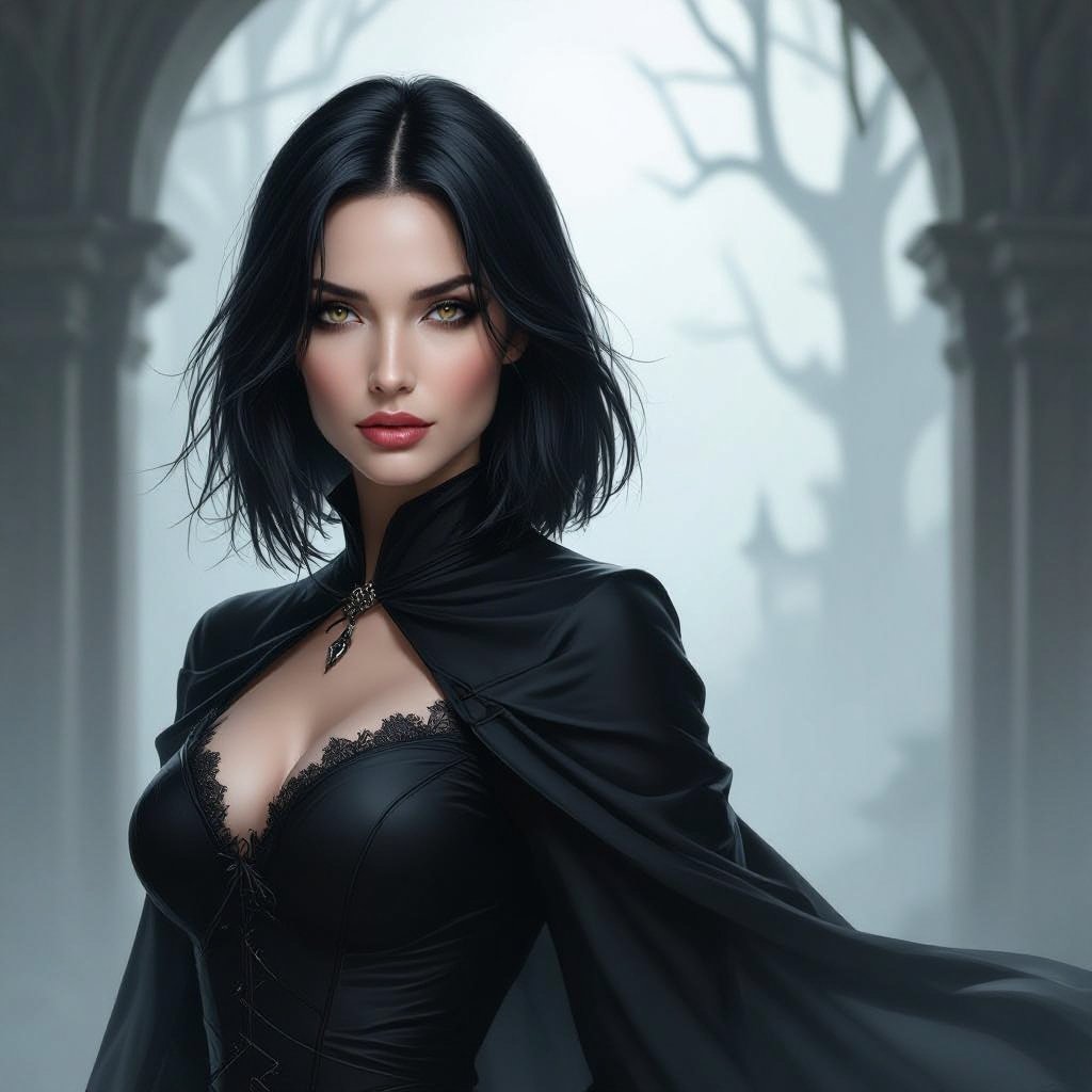 Show character head to toe. Create a mid age fantasy woman jet-black hair is cut sharpand her eyes seem to pierce through darkness. A shadowy aura clings to her form,