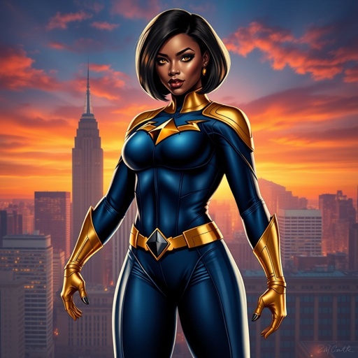African American female superhero with hair  in a shoulder length side part hairstyle with pure Gold Glowing eyes wearing  a navy blue and gold suit with navy blue pants and gold knee length boots with a diamond with the top half gold and the bottom half black as her chest emblem in Philadelphia 