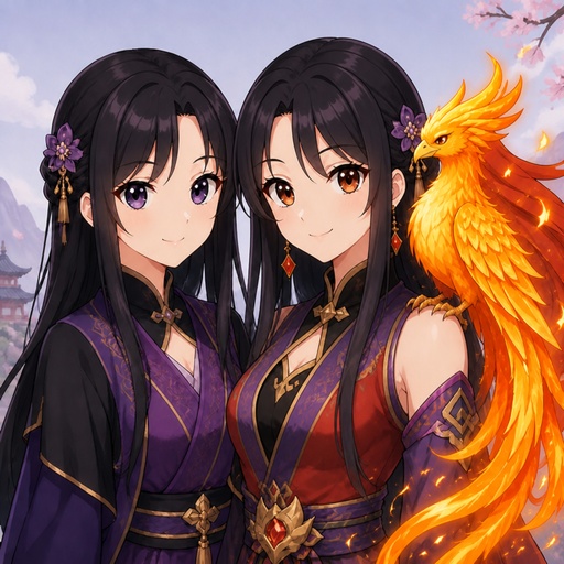 two anime girls with long black hair and a bird on their shoulder