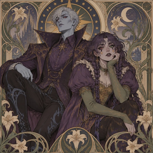 Male, short brushed slick back silver hair pointy, light blue skin, completely full red eyes, halo of gold stars surrounding head, purple long coat buttoned up, purple shirt and collar, shirt sleeves over palms, tall boots, black pants, blue details on clothes, pointy shoulder pads dark purple, Female, purple braids, messy bangs, one red eye the other green, black triangle under eyes, stars on face, dark purple lipstick,  purple dress with a short front, puffy short sleeve, gold corset, long green sleeves, green details on clothes, stars on top, ruffled collar, black pants