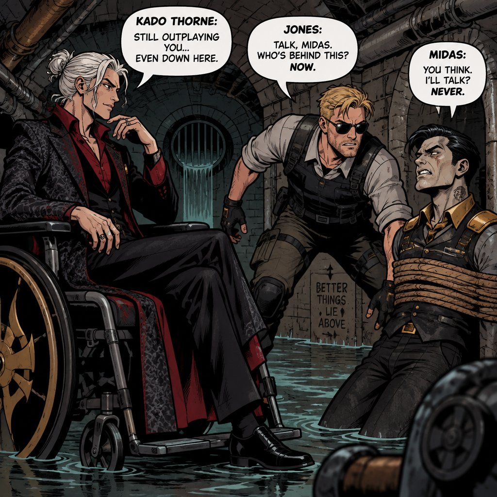 Kado Thorne from Fortnite medium length white back hair bun pale skin in a wheelchair, jones from Fortnite wearing sunglasses and stubble, Midas from Fortnite tied up, all in the sewer
