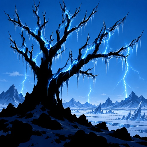 blue lightning storm in a ice waste land, lightning trapped in a ice tree formation
