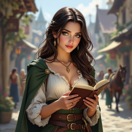 Human. Normal ears. A young human woman. Rouge. Thief.
Long brown hair, large green eyes. Pale complexion. Delicate beauty. Holding a book. She's wearing an elegant shirt that reveals her shoulders and an amber necklace. She's wearing long black pants and a green skirt that's shorter in the front. A village is in the background. People are walking by. A dagger at her belt. Horses are visible. It's daytime.
. realistic atmosphere. More realistic. No major jewelry. She wears no rings or earrings.
She has a green cape. She looks at the book.