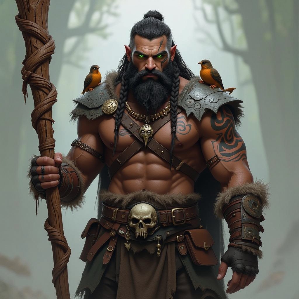 Kael the Beastbound – A rugged, broad-shouldered man with black skin and a rough beard, wearing armor made from bone and leather. deep green eyes tattoos of animal tracks spiral down his arms. He carries a massive wooden staff carved with the shapes of beasts, and small creatures often perch on his shoulders or follow at his feet.