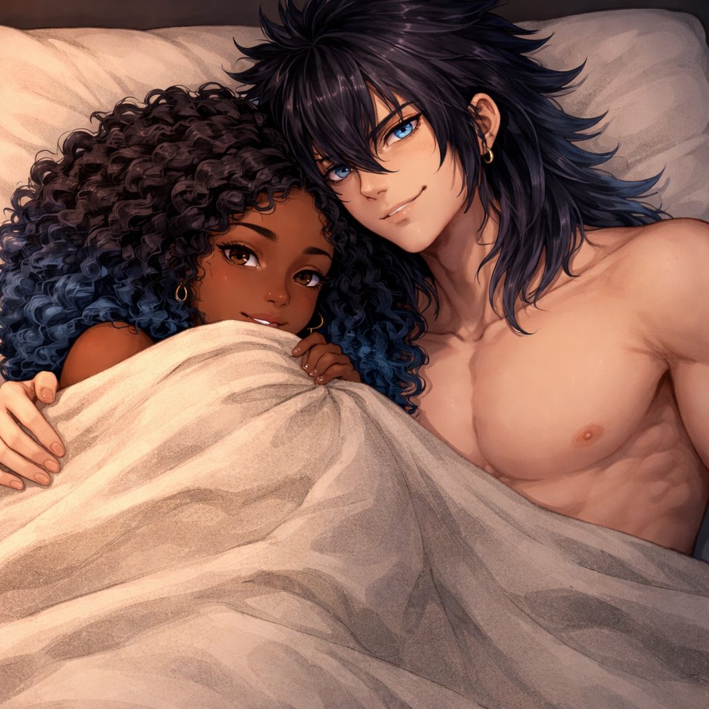 A dark skin woman with black curly hair with fade blue tips is in the bed with grown Inosuke the blanket is all the way up on the women