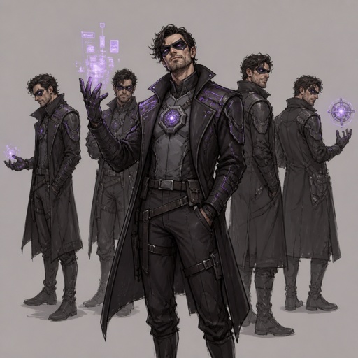 Male Villain with technology abilities, eye mask, stubble, multiple of the same character