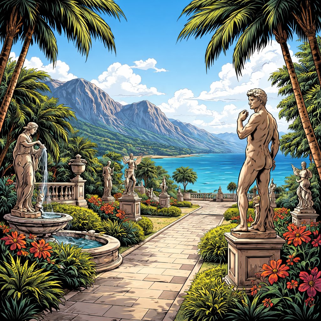 Realistic, refined, no caricature no speech bubbles a sculpture garden in an exotic location overlooking the mountains and the sea there are palm trees, and lush plants