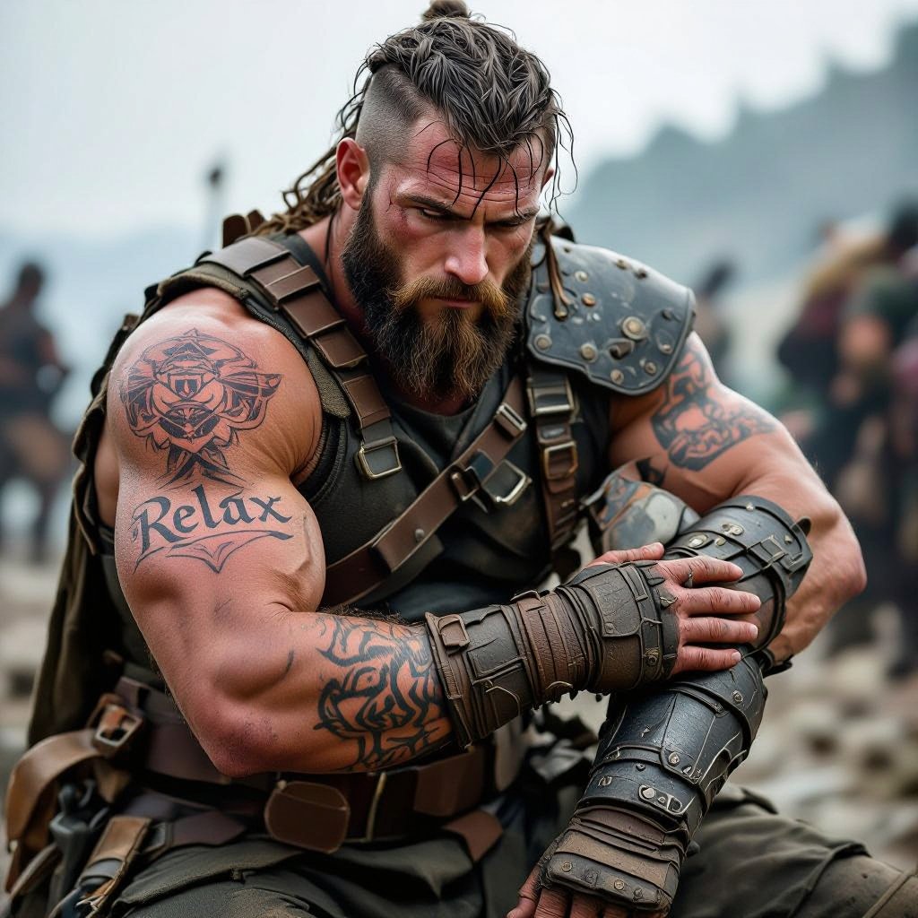 Resting warrior with a tattoo called relax 