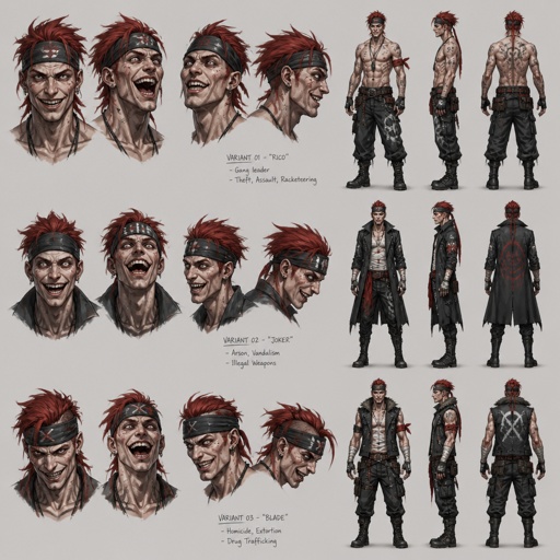 Male Villian, red hair, headband, crazy, criminal, mental case, multiple of the same character