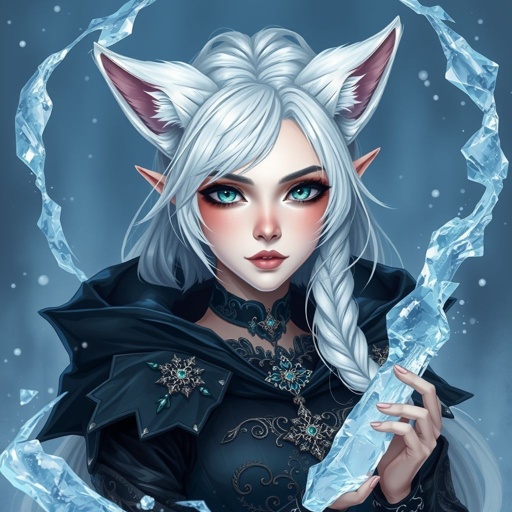 A pale teenage girl. Hair as white as snow with cyan tips, emerald eyes and small fox ears wearing mystic royal black top and trousers conducting ice (Russian themed)