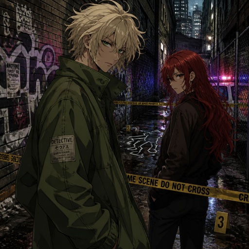 Anime style Male great detective takes his job real seriously really good at it mid 20s medium really crazy light blonde hair, tall thin, tied, clean shaven, strange green eyes wearing baggy loose mossy green jacket tired face, partner, long red hair brown eyes looking annoyed and concerned for him, trying take case seriously,very gruesome seen, person unknown, detective will do whatever he can, parent and him get into arguments usually partner will say "you really need some rest you can barely stand and your speaking trails off, how do you expect to finish this case with the little sleep and food you get" detective reply" all I need is some coffee, I can survive I don't plan on resting till I get to the bottom of this, worrying never helps"as he yawns, partners says back "ugh! your really stubborn, looks like I'm going to have to catch you again when you pass out"