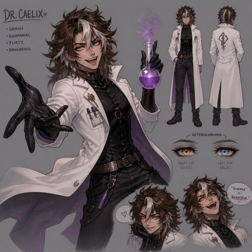 Villain mad scientists, lab coat, clean shaven, looks like a mess,very flirty, hair style called "I've never seen a hair brush in my life" Wolf Cut hair knotted and very messy slightly shaved color is brown with streaks of white and gray would rather die than be saved by the hero, "I don't need one for I AM a weapon of mass destruction, likes to mess with the hero teasing her, has invented machines that lead to portals ,two different eye colors