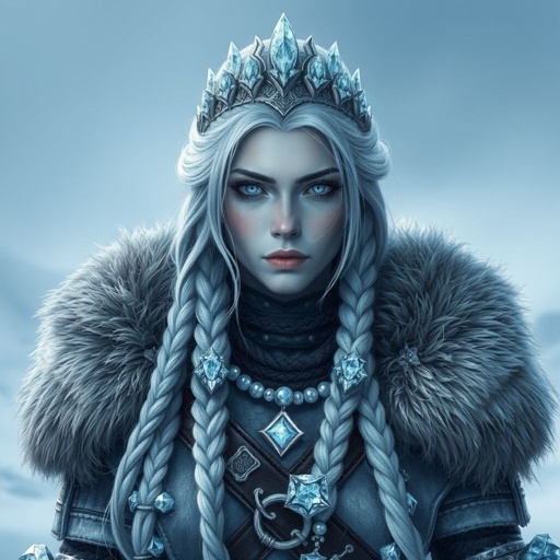 Create a character : A tall, battle-hardened woman with icy-blue skin. Her long silver hair flows in braids tipped with frozen beads. She wears heavy, fur-lined armor made from the hides of snow beasts. Her eyes glow faint blue. A frost-shaped crown rests lightly on her head. Please show whole character not just waste up.