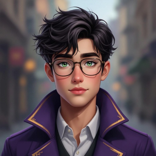 Male 17-year old Dark hair with greenish bluish eyes wears purple longcoat with gold outline square glasses slightly chubby cheeks