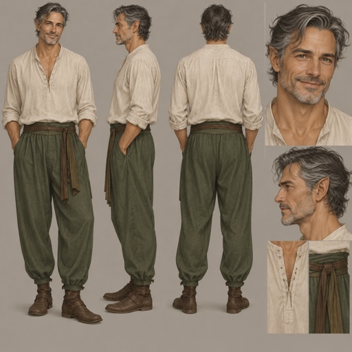 Character design sheet of a handsome fae man with subtle pointed ears, late forties, salt and pepper hair, strong jaw, light stubble, straight nose, warm smile with crinkled eye lines, warm green loose linen pants and a cream loose quarter length shirt