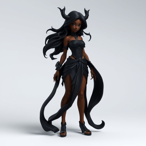 Create character hero Veyra of Shadows – A lithe, mysterious brown complexion woman draped in layered black silks that move like smoke around her. With jet-black hair. Show her whole body head to toe including her shoes.