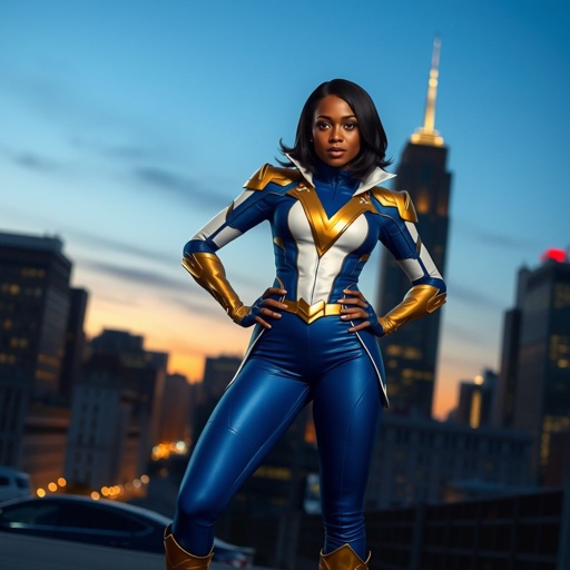 African American female superhero with shoulder length hair in a side part style wearing a homemade white and blue suit with gold accents and blue pants with a stylized V as her chest emblem wearing gold flat boots standing in Philadelphia at dusk