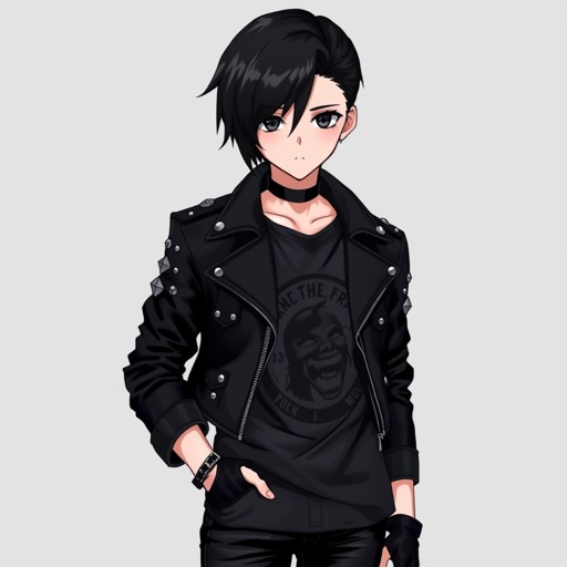 Create a teenage goth boy who has black hair, black eyes, pale skin and his attire is black.