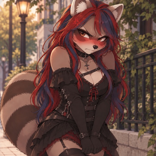 a woman with red hair and a raccoon costume