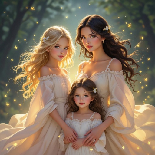 Twin girls with blond hair their Nany with black hair and her daughter