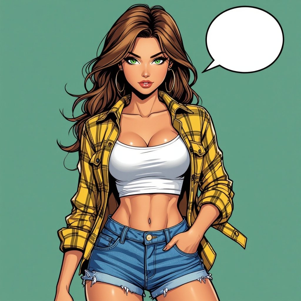 Light brown hair babe in denim miniskirt overalls and white tube top. Green eyes Yellow unbuttoned flannel 