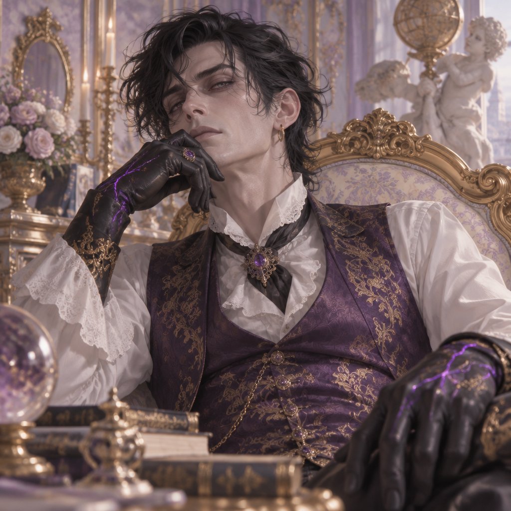 Male, slim, slight eye bags, black messy wavy hair, back hair, brushed side hair, strands of hair in the middle of forehead, ear piercing ring, gloves, purple glowing veins, purple vest, white shirt, no facial hair, bad guy, mid 40s