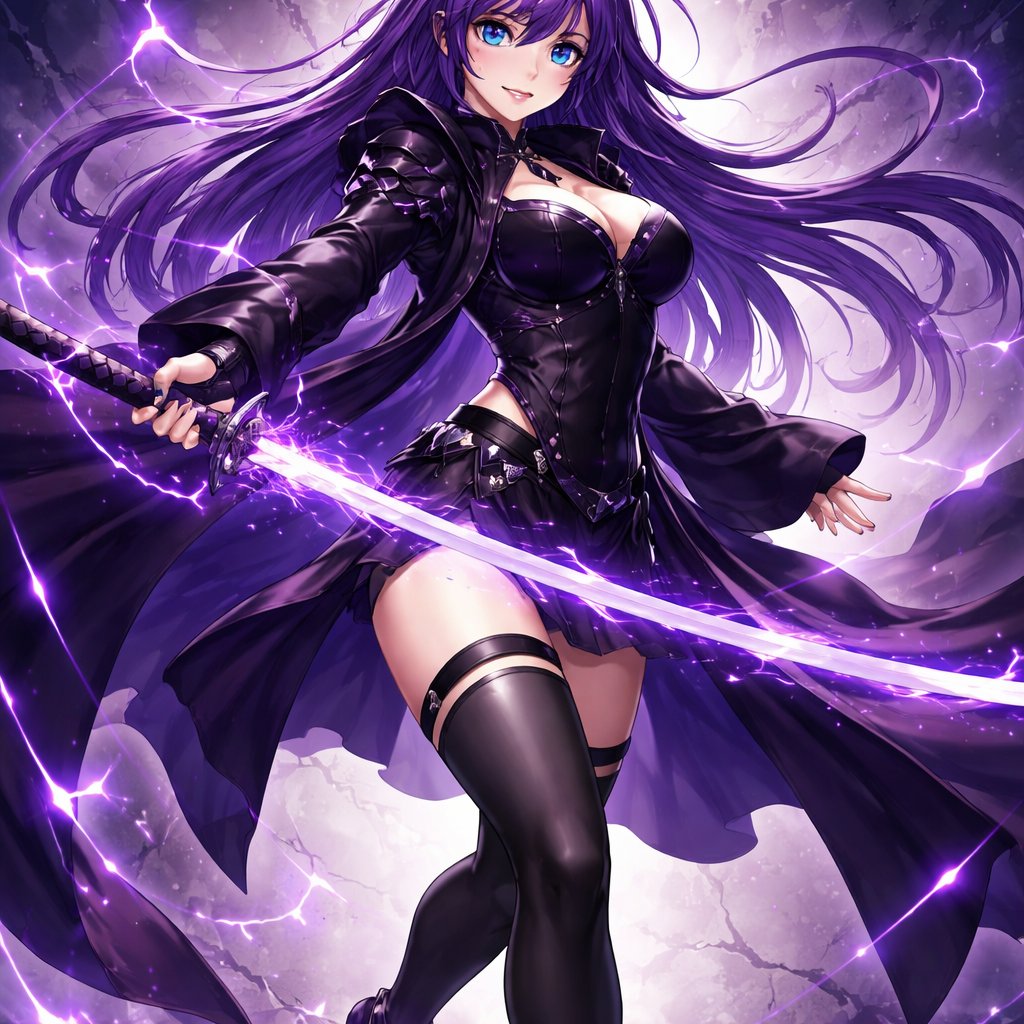 Full-body view of an anime-style female character with long purple hair and bright blue eyes. Slim athletic body, larger breasts, toned physique, and a well-shaped medium-sized butt. Her entire body is visible from head to toe in a dynamic pose. She wears a flowing cloak on her back and wields a katana surrounded by a glowing purple aura. Dark purple and black outfit, elegant yet edgy design. High-quality anime illustration, sharp details, dramatic lighting, fantasy action character.