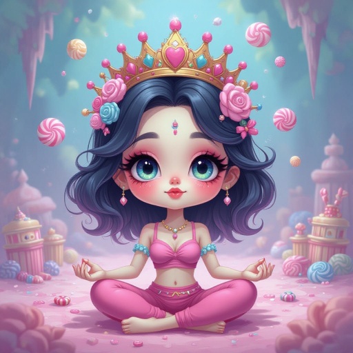 Create a chibi character mid 30’s lady who is the meditating with crown of makeup stuff