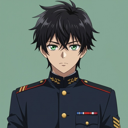 Male. 15 years old. Black non spiky hair. Green eyes. Military uniform.