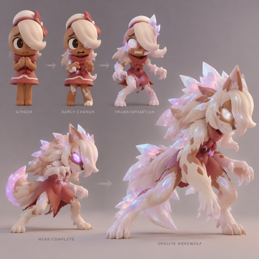 Ginger from dandy’s world turning into a opalite werewolf 