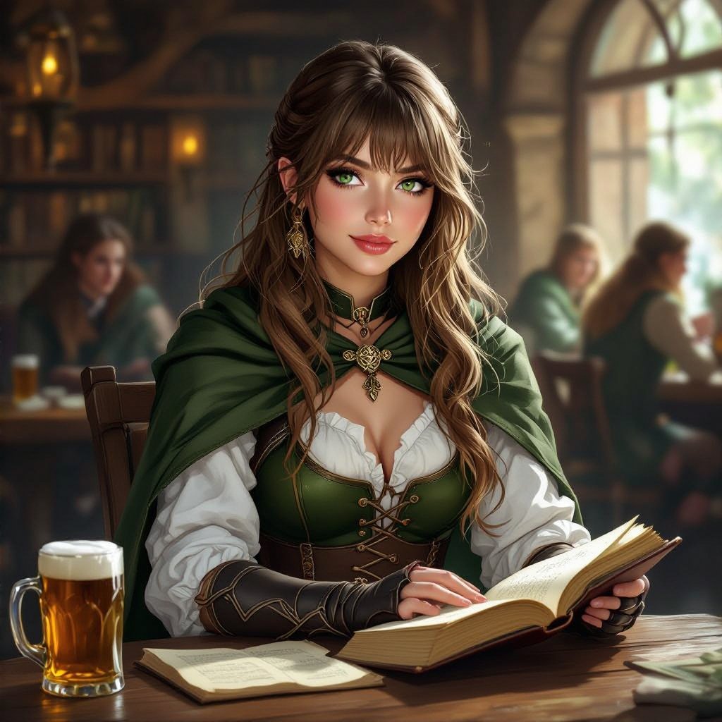 Młoda kobieta o długich jasno brązowych włosach z grzywką i jasno zielonych oczach. Okrągła, pyzata twarz. Brak makijażu. Ubrana jest w białą koszule, na której ma lekką zbroje. Nosi lekką zbroje. Ma ubrane czarne spodnie a na nich zieloną spódnicę krótszą z przodu. Ma ciemnozieloną peleryne. Kobieta jest przyjazna. Ma delikatną urodę. Wąskie usta. Duże oczy. W tle karczma. Jest dzień. Klimat fantasy, realistyczny. Odwrócona bokiem. Koszula jest zapięta. 
Kobieta siedzi przy stole w karczmie. Na stole stoi kufel piwa. Wzrok ma skupiony, wpatrzony w książke, która leży przed nią na blacie baru. Wzrok w dół. Kobieta patrzy na książke.  Kobieta jest łotrzykiem, złodziejem, skrytobójcą.