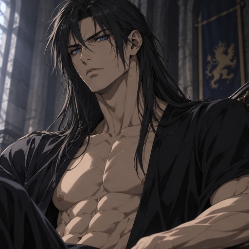 Male, strong, well built, thin, muscular, black long hair, blue eyes