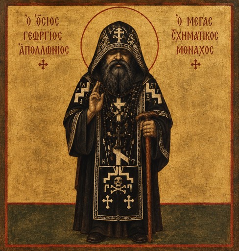 Byzantine-style icon of a robed monk holding a staff against a golden background.
