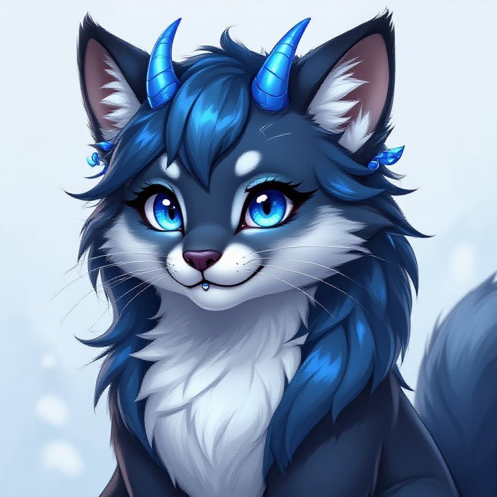 Make an image of a humanized fursona Species: Otter–Cat Hybrid (Jaguarundi-inspired) Pronouns: They/them Eyes: Deep blue, glowing softly against silver-prismatic fur Fur: Smooth silver with subtle prismatic blue shimmer in the light Tail: Long and sleek, fluffy at the end Horns: Small curved silver-blue horns Piercings: nose and Medusa plus a few ears piecings