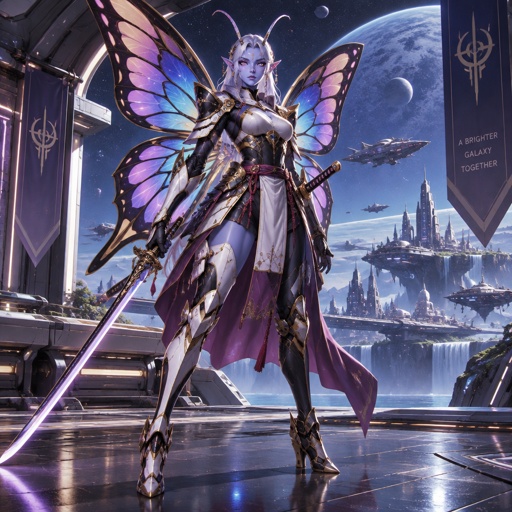 A gorgeous alien butterfly woman in a futuristic space samurai armor. Show whole body. 