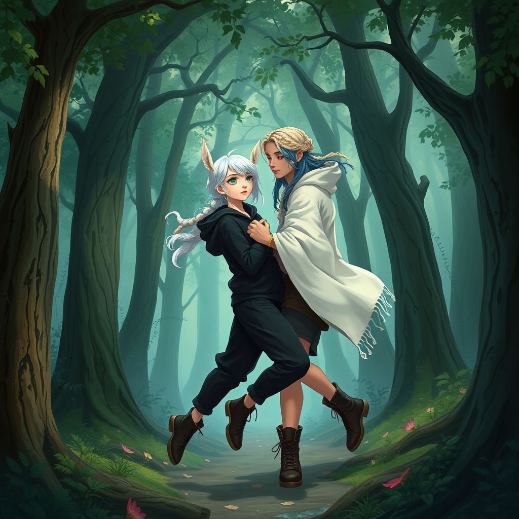 A pale teenage girl wearing a black hoodie and royal black trousers with emerald eyes and hair as white as snow and small fox ears bump into a young man with beige hair in the style of a braided half-up wearing a blue shirt and white cloak, black shorts, tights and boots with ocean blue hair