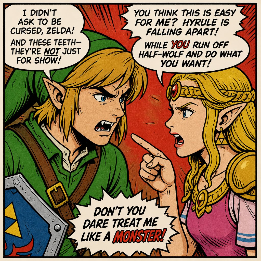 Legend of Zelda link arguing with Zelda link having wolf teeth they are starting to get really mad