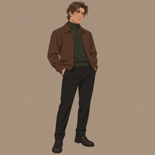Male, brushed back slightly messy brown hair, two hair strands in face, brown eyes, brown nice jacket, green turtleneck, gold necklace, black pants, nice shoes, smirk, rich