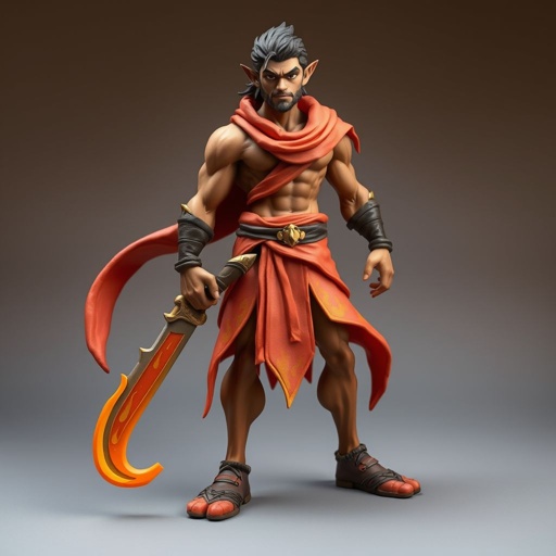 Create handsome hero Rhen the Fire – A lean, muscular man. He wears layered, flowing desert robes dyed in warm reds and golds, with scorch marks where flames have licked them. A curved blade hangs at his hip. Show whole body head to toe including her shoes.