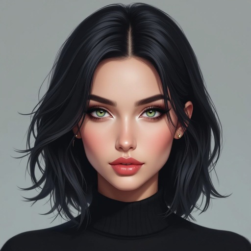 Show character head to toe. Create hero woman jet-black hair is cut sharpand her eyes seem to pierce through darkness. A shadowy aura clings to her form,