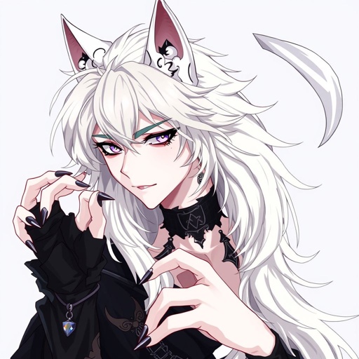 Create in anime style, a young adult, pale skinned, gothic guy with werewolf features including werewolf’s ears and werewolf’s claws and a werewolf’s tail.