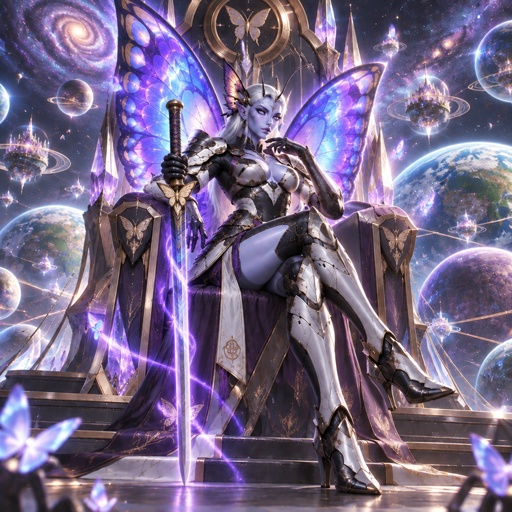 a woman sitting on a throne with a sword