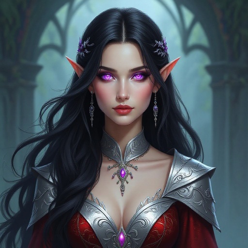 Long dark hair, purple eyes, pale skin, short and lean, wearing silver and red dress.