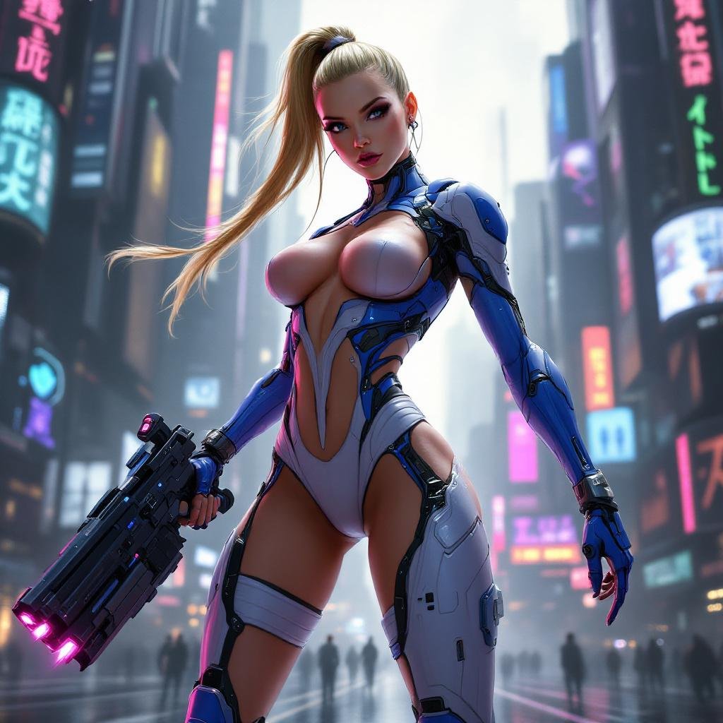Full Body Mass Effect Babe wielding an Omni tool synthweave and Organza indigo amd white tight spy catsuit blonde ponytail