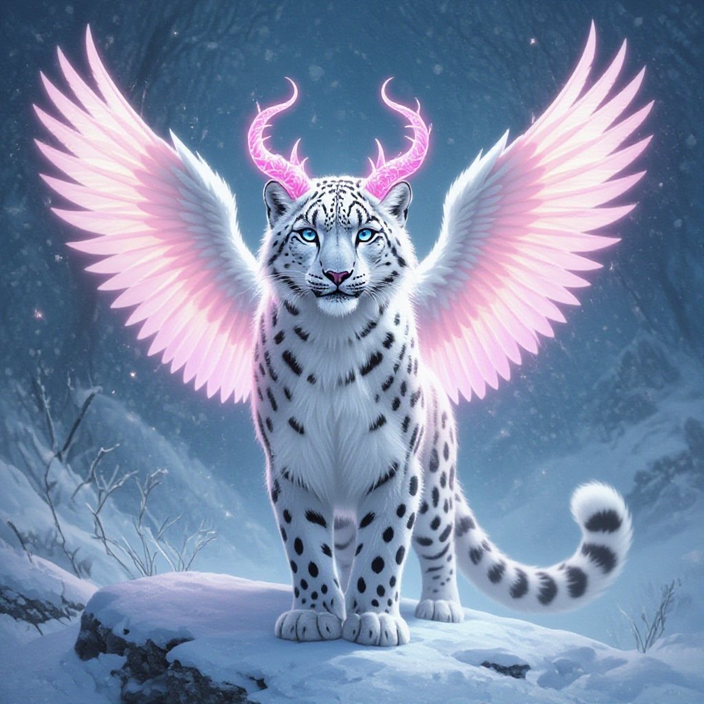 Snow leopard with pink horns and wings 