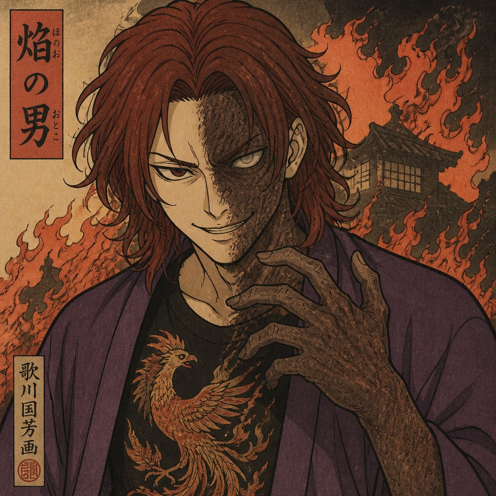 Anime Male red brown hair shoulder length his whole left side all burnt brown left hand and arm brunt eyes left eye blind both open look down eyes, evil Mocking smile black shirt with a phenix on it and a nice purple jacket fire behind him with a silhouette house behind him
