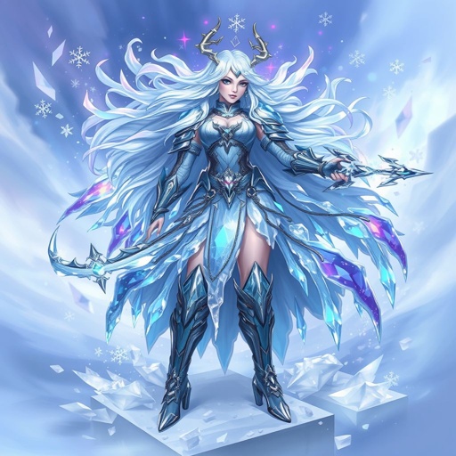 Create a battle woman hero called Alvara the Frostheart. Show full body head to toe including shoes