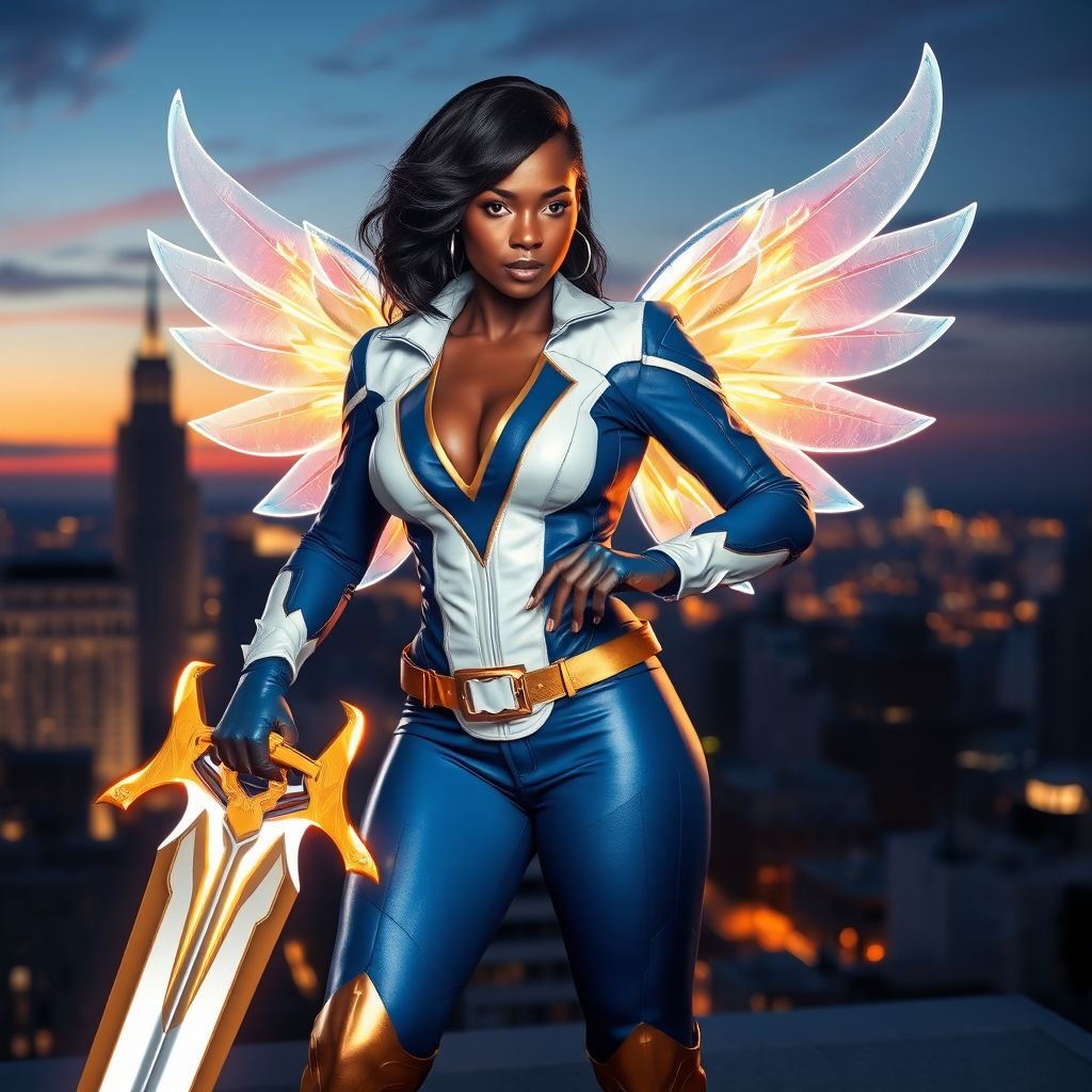 African American female superhero with shoulder length hair in a side part style and holographic wings wearing a homemade leather white and blue suit with gold accents and blue pants with a stylized V as her chest emblem wearing gold flat boots  made of gold fire holding a large glowing broadsword in one hand standing in Philadelphia at dusk